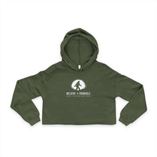 Believe in Yourself Cropped Hoodie — Women's Motivational Bigfoot Moon Design