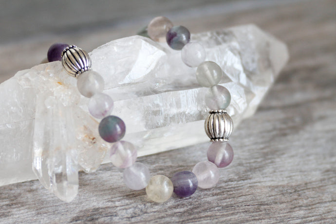 JB18 Fluorite w/Pewter Stretchy Bracelet 9-9.5