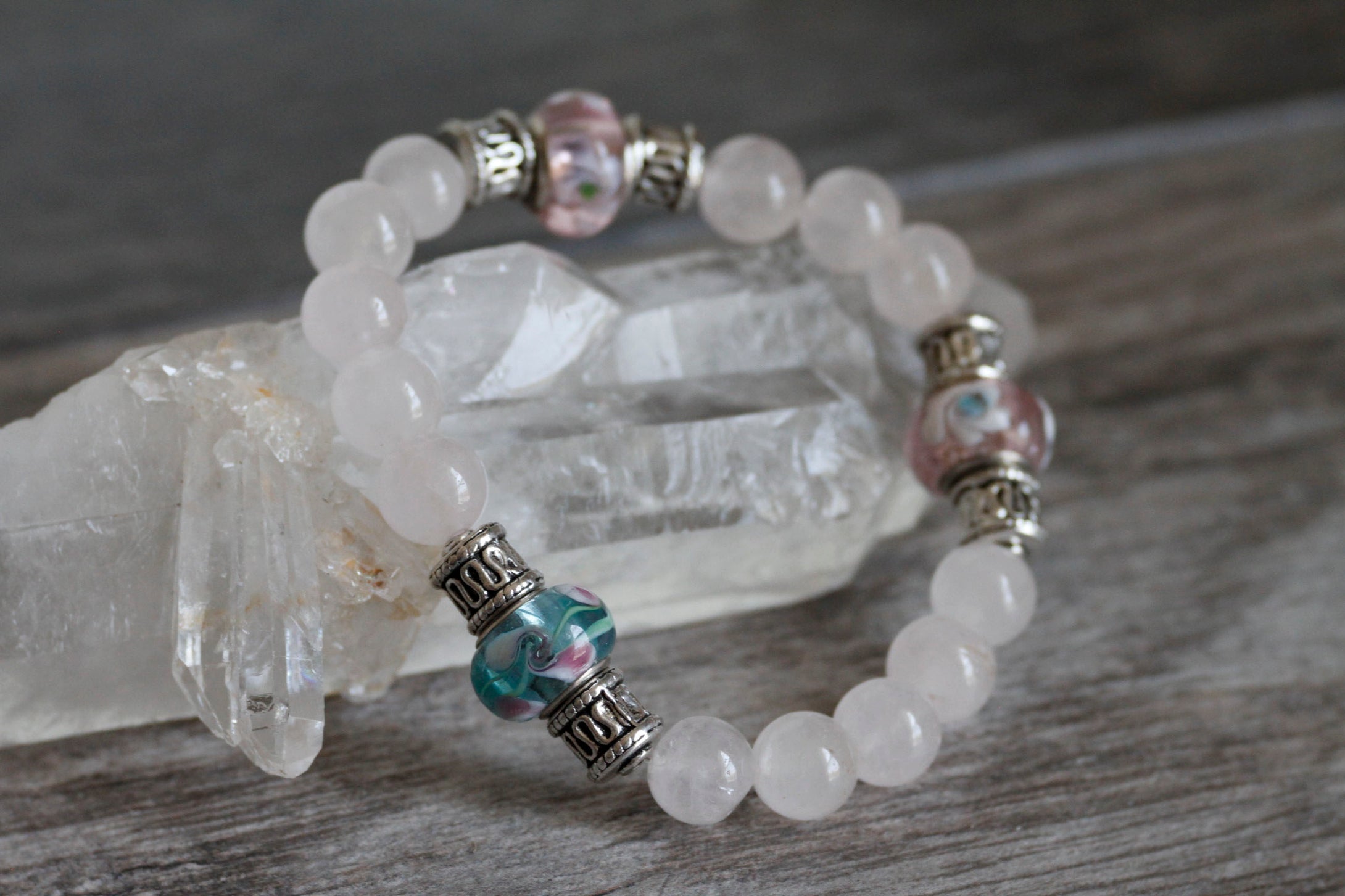 JB23 - Rose Quartz with Pewter Stretchy Bracelet 7-8