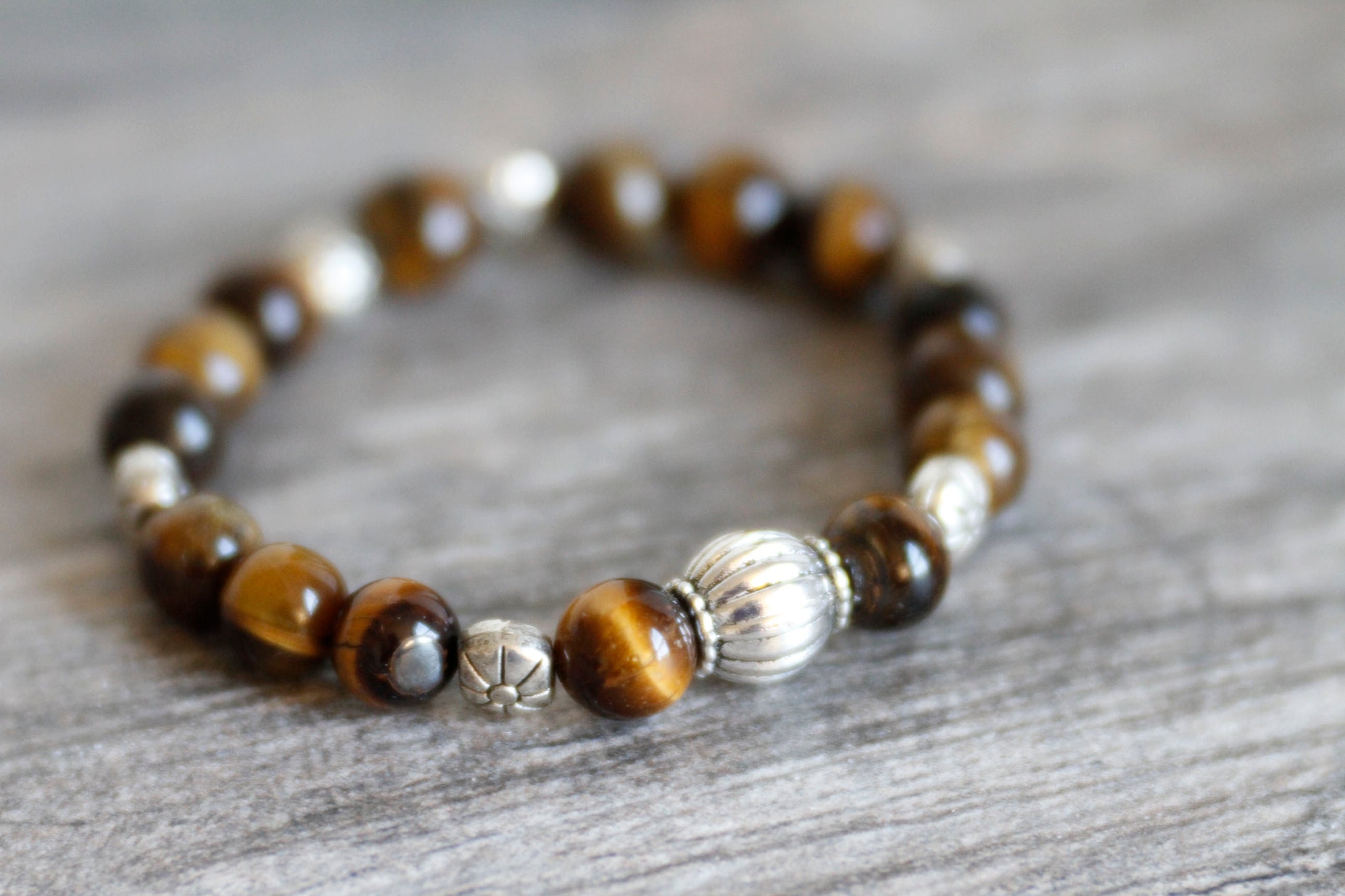 JB25 - Tiger's Eye with Pewter Stretchy Bracelet 6.5-7