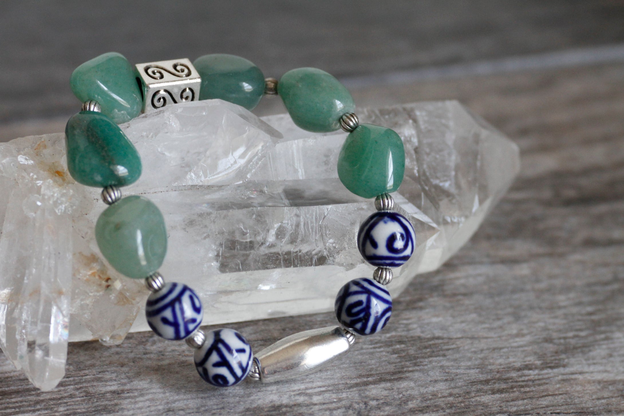 JB26 - Green Aventurine Tumbled Stone Stretchy Bracelet w/Pewter and Blue Porcelain 7-7.5