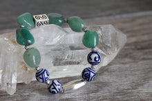 JB26 - Green Aventurine Tumbled Stone Stretchy Bracelet w/Pewter and Blue Porcelain 7-7.5"