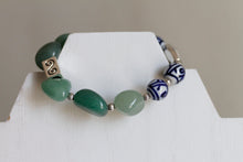 JB26 - Green Aventurine Tumbled Stone Stretchy Bracelet w/Pewter and Blue Porcelain 7-7.5"