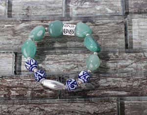 JB26 - Green Aventurine Tumbled Stone Stretchy Bracelet w/Pewter and Blue Porcelain 7-7.5"