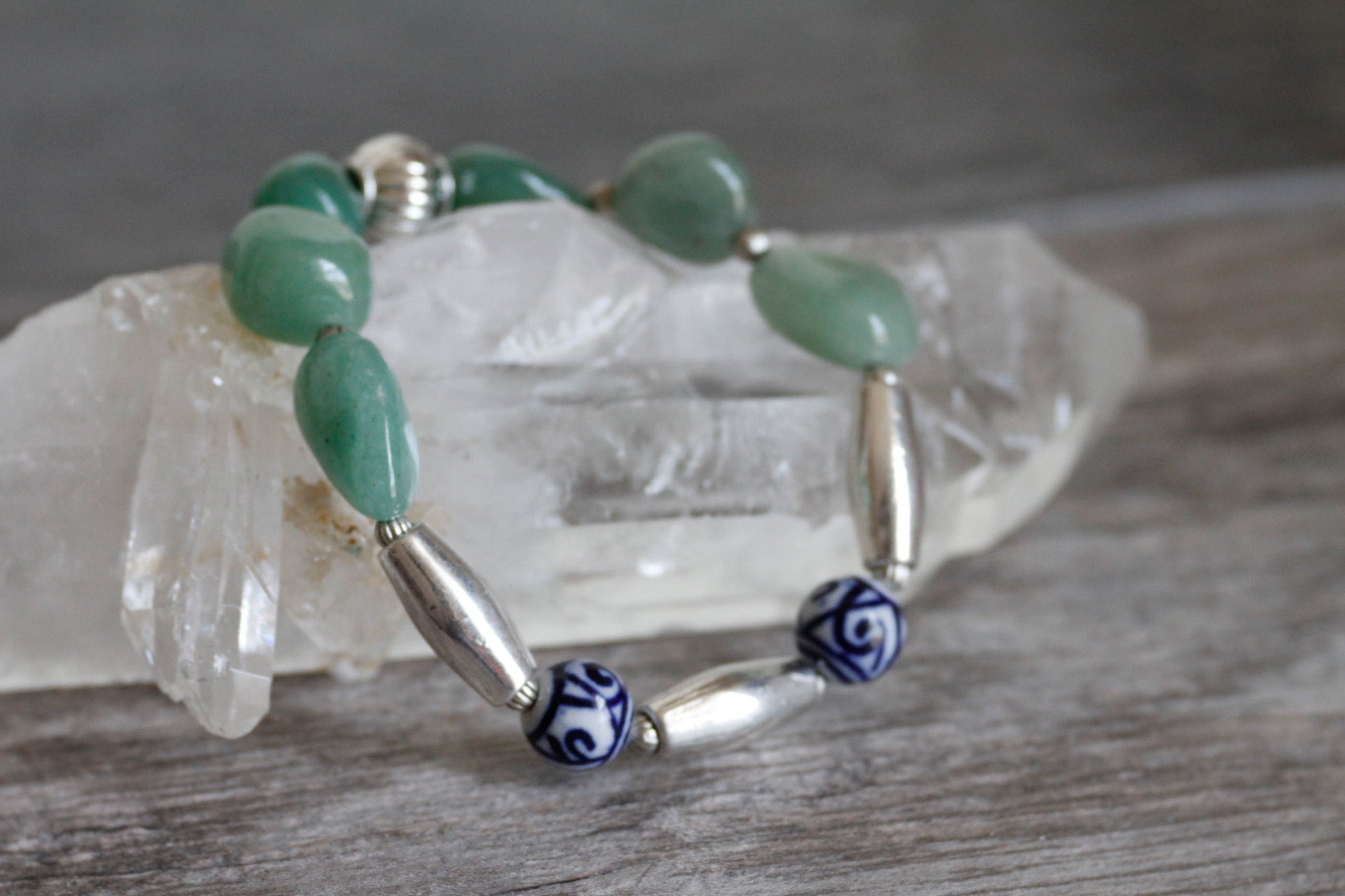 JB27 - Green Aventurine Tumbled Stone Stretchy Bracelet w/Pewter and Blue Porcelain 8