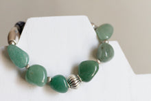 JB27 - Green Aventurine Tumbled Stone Stretchy Bracelet w/Pewter and Blue Porcelain 8"