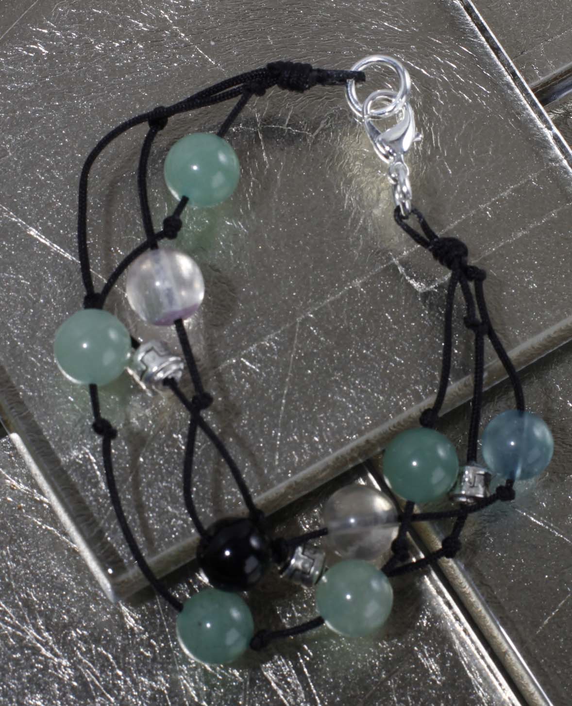 JB29 Hand-Knotted Silk Cord Bracelet w/Fluorite, Green Aventurine, Black Obsidian 6