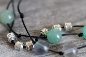 JB30 Hand-Knotted Silk Cord Bracelet, Triple Stacked w/Fluorite, Green Aventurine 8-8.5"