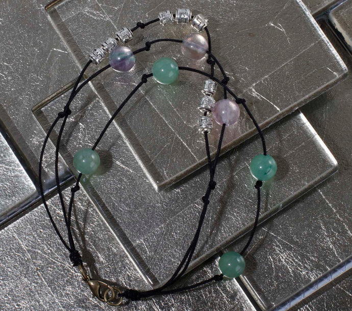 JB30 Hand-Knotted Silk Cord Bracelet, Triple Stacked w/Fluorite, Green Aventurine 8-8.5