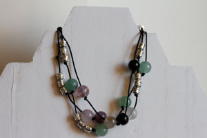 JB29 Hand-Knotted Silk Cord Bracelet w/Fluorite, Green Aventurine, Black Obsidian 6"