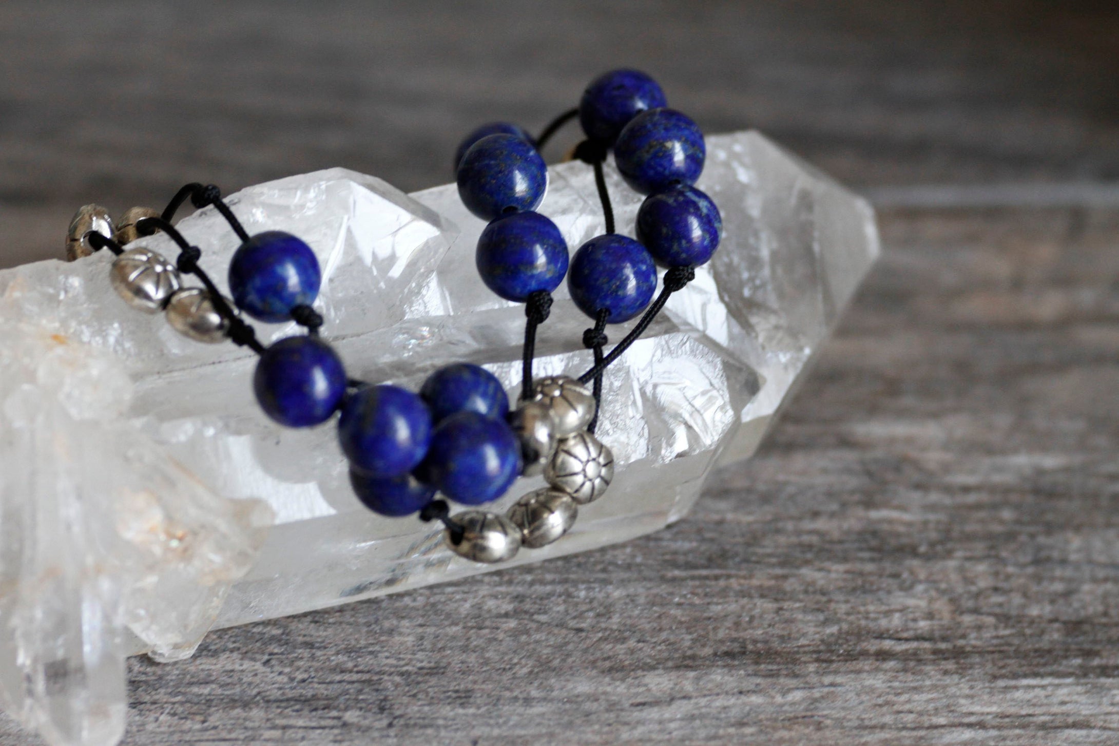 JB32 - Hand-Knotted Silk Cord Bracelet, Triple Stacked w/Lapis Lazuli and Pewter 7-7.5