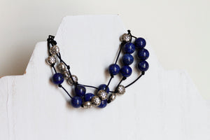 JB32 - Hand-Knotted Silk Cord Bracelet, Triple Stacked w/Lapis Lazuli and Pewter 7-7.5"