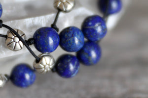 JB32 - Hand-Knotted Silk Cord Bracelet, Triple Stacked w/Lapis Lazuli and Pewter 7-7.5"