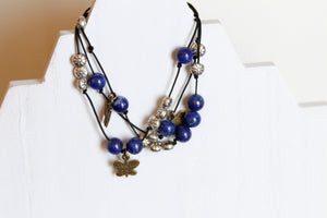 JB33 - Hand-Knotted Silk Cord Bracelet, w/Lapis Lazuli, Pewter, Copper Butterflies 8-8.5"