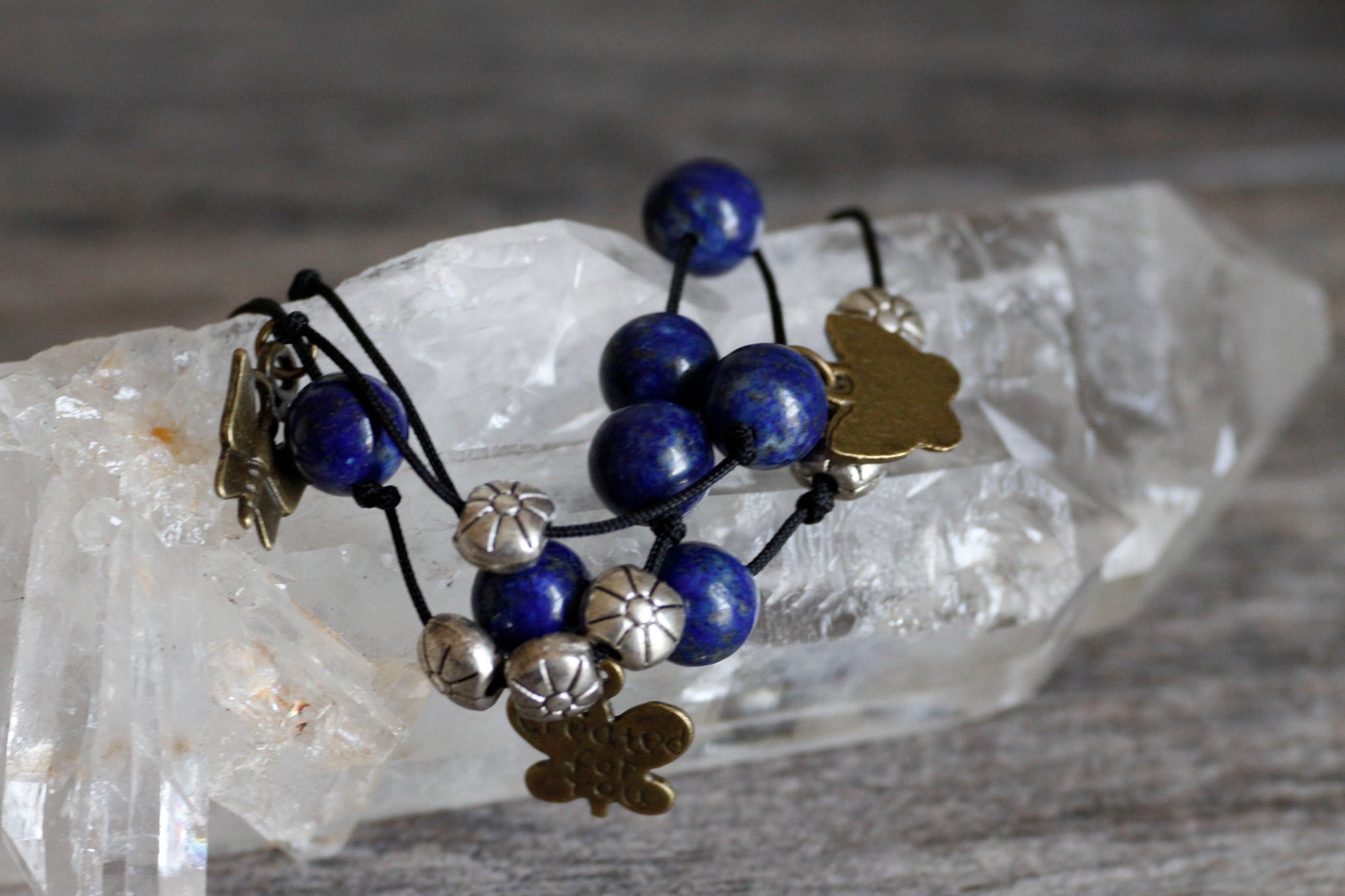 JB33 - Hand-Knotted Silk Cord Bracelet, w/Lapis Lazuli, Pewter, Copper Butterflies 8-8.5