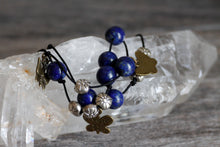 JB33 - Hand-Knotted Silk Cord Bracelet, w/Lapis Lazuli, Pewter, Copper Butterflies 8-8.5"