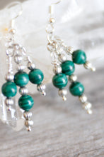 JE16 Malachite and Pewter Triple Drop Earrings - Hypoallergenic Earring Hooks