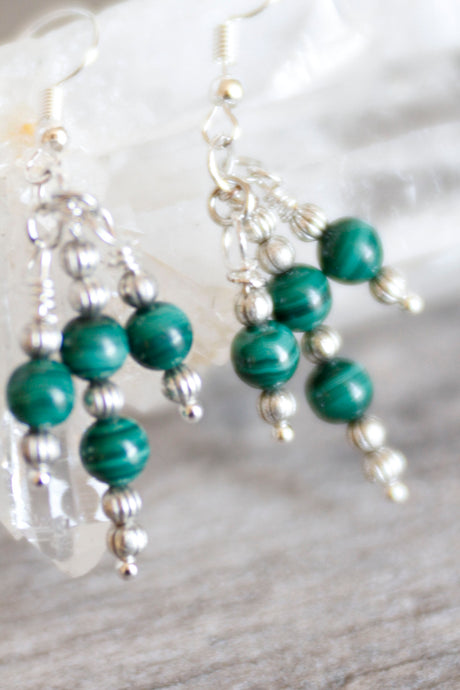 JE16 Malachite and Pewter Triple Drop Earrings - Hypoallergenic Earring Hooks