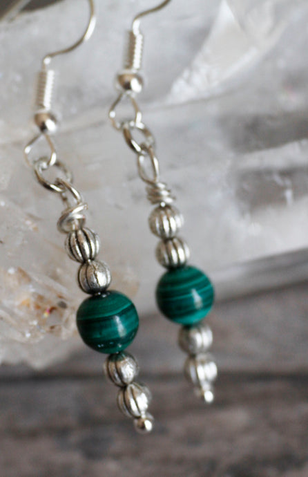 JE17B Malachite and Pewter Single Drop Earrings - Hypoallergenic Earring Hooks