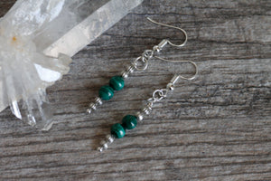 JE17B Malachite and Pewter Single Drop Earrings - Hypoallergenic Earring Hooks