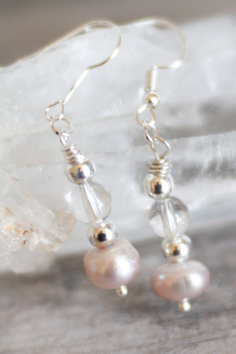 JE18 Crystal Quartz, Abacus Freshwater Pearl and Pewter Earrings - Hypoallergenic Earring Hooks