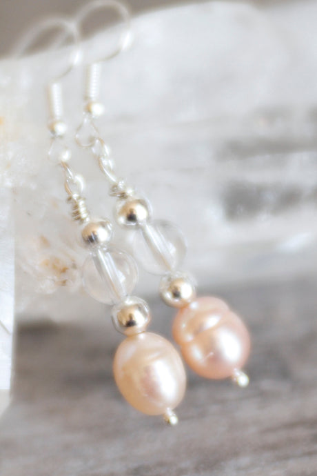 JE19 Crystal Quartz, Freshwater Pearl and Pewter Earrings - Hypoallergenic Earring Hooks