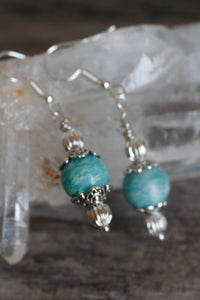 JE20 - Amazonite and Pewter Single Drop Earrings - Hypoallergenic Earring Hooks