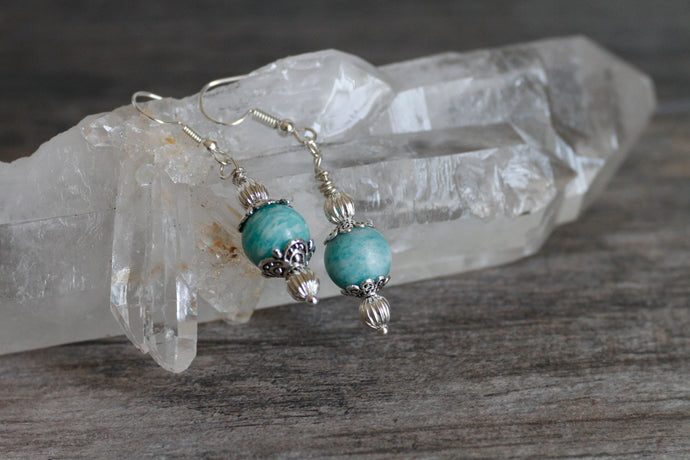 JE20 - Amazonite and Pewter Single Drop Earrings - Hypoallergenic Earring Hooks