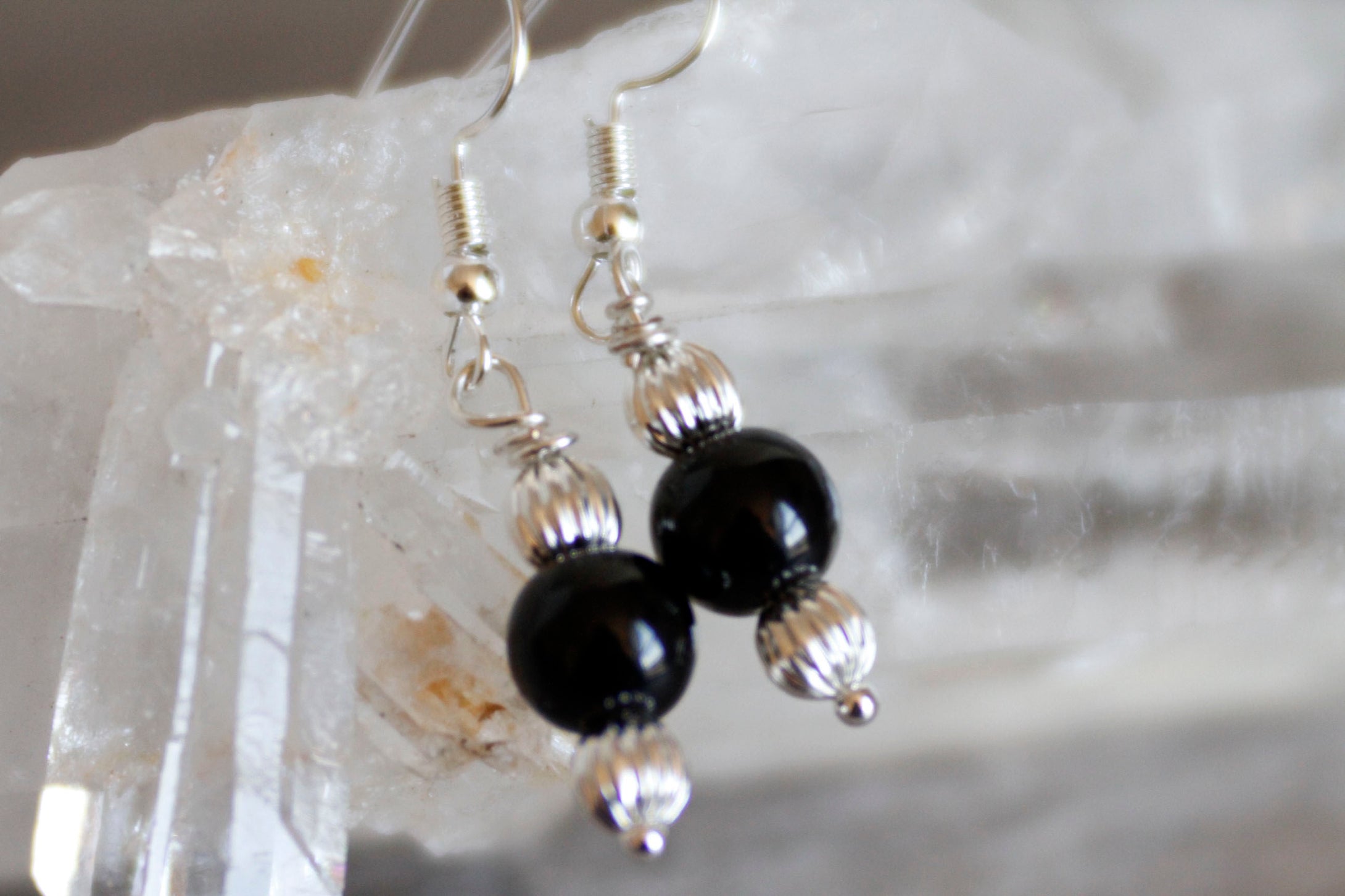 JE22 Black Obsidian and Pewter Single Drop Earrings - Hypoallergenic Earring Hooks