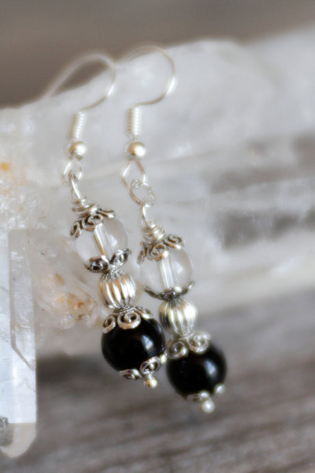 JE23 Black Obsidian, Clear Quartz and Pewter Single Drop Earrings - Hypoallergenic Earring Hooks