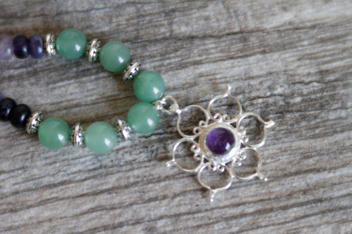 JN21 Amethyst and Green Aventurine Necklace with Silver Lotus Charm 22