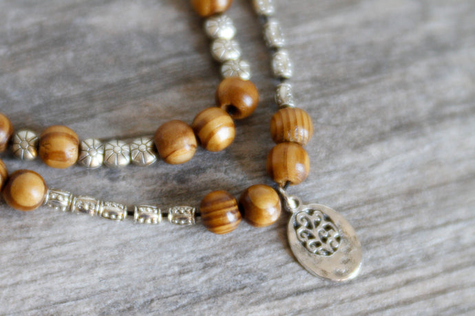 JN25 Bohemian Double Strand Sandalwood and Pewter Beaded Necklace w/Tree of Life Charm 20-22