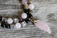 JN26 Rose Quartz and Watermelon Tourmaline Double Strand Necklace on Gun Metal Chain 20-22"